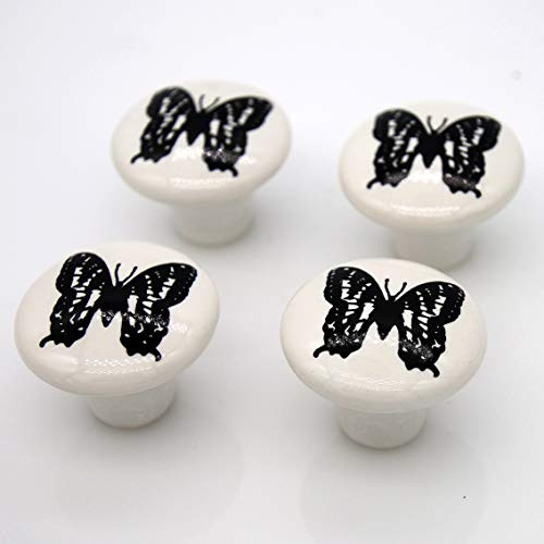4 PCs Vintage Style Ceramic Round Knobs Handles Pulls with Butterfly Pattern for Cabinet Drawer Door