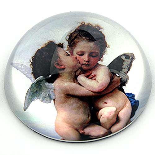 Parastone _ Half Dome Glass Paperweight _ Bouguereau Love and Psyche Cherubs _ 3 inch  L x 3 inch  W x 1 12 inch  H Inches