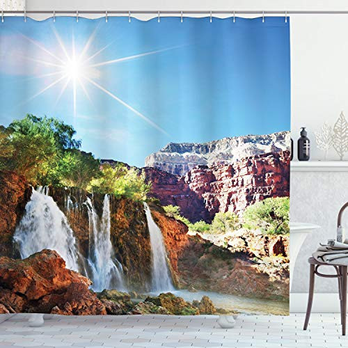 Ambesonne Waterfall Shower Curtain_ Natural Cliff Scenery Rock Formation Sunshine Summer Travel Print_ Cloth Fabric Bathroom Decor Set with Hooks_ 70 inch