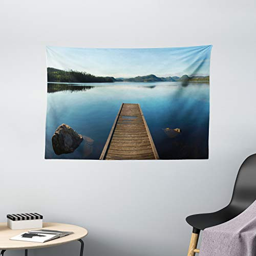 Ambesonne Landscape Tapestry_ Wood Deck on Calm Canadian Lake with Rocks and Mountain Landscape Nature Print_ Wide Wall Hanging for Bedroom Living Roo