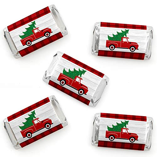 Big Dot of Happiness Merry Little Christmas Tree _ Mini Candy Bar Wrapper Stickers _ Red Truck Christmas Party Small Favors _ 40 Count