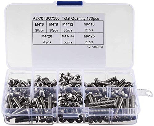 DollaTek 170Pcs M4 304 Stainless Steel Allen Hex Drive Button Head Socket Cap Bolts Screws Nuts Assortment Kit  M4