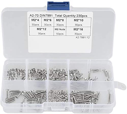 DollaTek 230Pcs M2 304 Stainless Steel Allen Hex Drive Button Head Socket Cap Bolts Screws Nuts Assortment Kit  M2