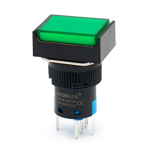 Baomain 16mm Push Button Switch Momentary Rectangular Cap LED Lamp Green Light DC 12V SPDT 5 Pin Pack of 5
