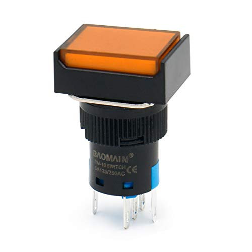 Baomain 16mm Push Button Switch Latching Rectangular Cap LED Lamp Orange Light DC 12V SPDT 5 Pin 5 Pack