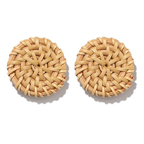 HEIDKRUEGER Rattan Straw Earring Handmade Boho Round Wicker Braid Woven Disc Drop Earring Lightweight Statement Stud Earring for Women Girls  Brown