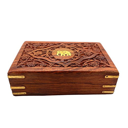 IndiaBigShop Handmade Wooden Jewelry Box With Gorgeous Single Elephant Brass Inlay / Carving Work and Velvet Interior Decorative Trinket Jewelry Box Organiser 6" IndiaBigShop Handmade Wooden Jewelry Box With Gorgeous Single Elephant Brass Inlay / Carving Work and Velvet Interior Decorative Trinket Jewelry Box Organiser 6"