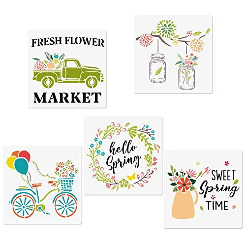 Spring Stencils _ 5 Pcs Reusable Plastic Stencils for Painting on Wood Including Spring Wreath Bicycle Mason Flowers Spring Stencils for Farmhouse Win
