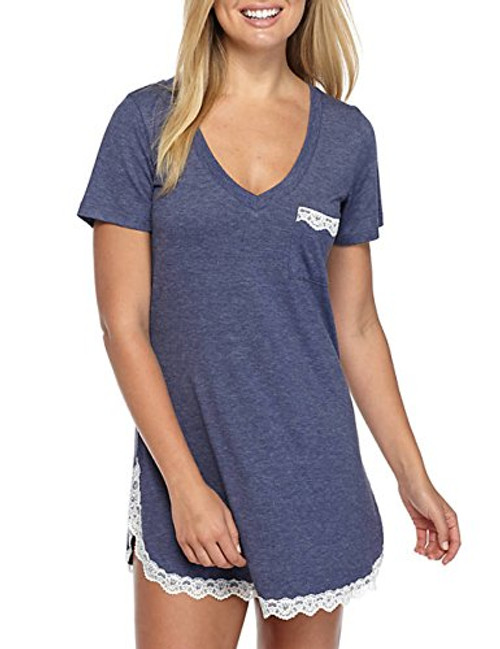 GUANYY Sleepwear Womens Nightgown Cotton Sleep Shirt Dress Short Sleeve Lace V Neck Trim Soft Nightshirt  Blue_ XX_Large