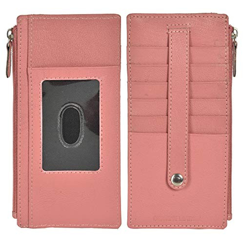 Leatherboss Genuine Leather All in One Card Case Holder Slim Wallet With a Card Protection Strap_ Peach
