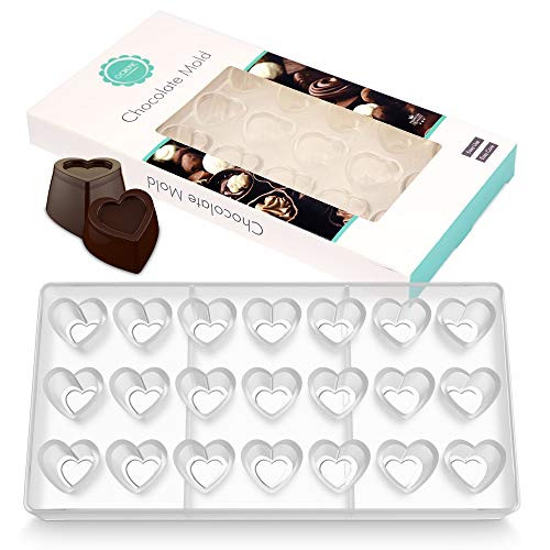 O'Creme Clear Polycarbonate Chocolate Mold - Transparent Jelly Candy Mold - Heart Shape - BPA-Free Plastic & Food Safe 21 Pieces Tray