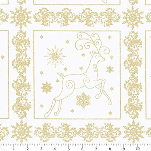 Benartex Deer Festival Metallic Deer Festival 24in Panel WhiteGold Quilt Fabric