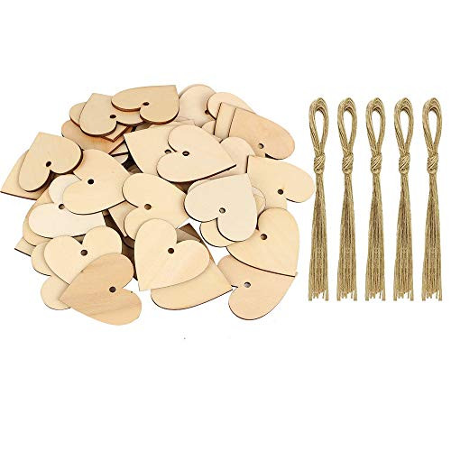 100 Pieces 2 inch  Natural Heart Wood Slices_ DIY Wooden Ornaments Unfinished Predrilled Wooden Heart Embellishments with Natural Twine for Valentines Day