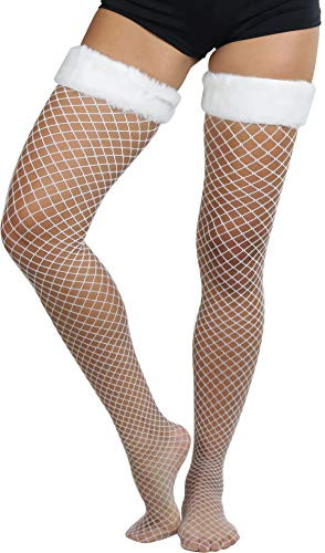 ToBeInStyle Womens Spandex Mini Diamond Net Thigh Hi With Marabou Top _ White