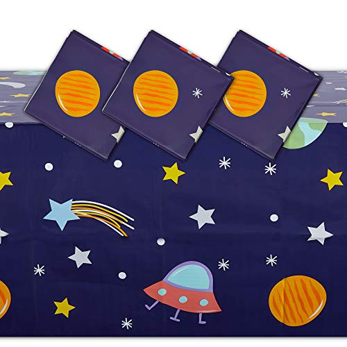 Blue Plastic Tablecloth for Outer Space Birthday Party  54 x 108 in_ 3 Pack