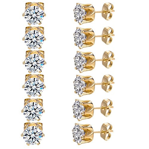 MDFUN 6 Pairs 7mm 18K Yellow Gold Plated Round Cubic Zirconia Stud Earring Pack of 6
