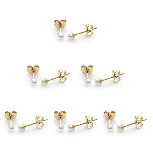 14K Gold Plating Tiny 3MM Simulated Pearl Stud Earrings Mini 20G Cartilage Piercing Ear Studs Micro White Ball Post Earrings for Girls and Boys