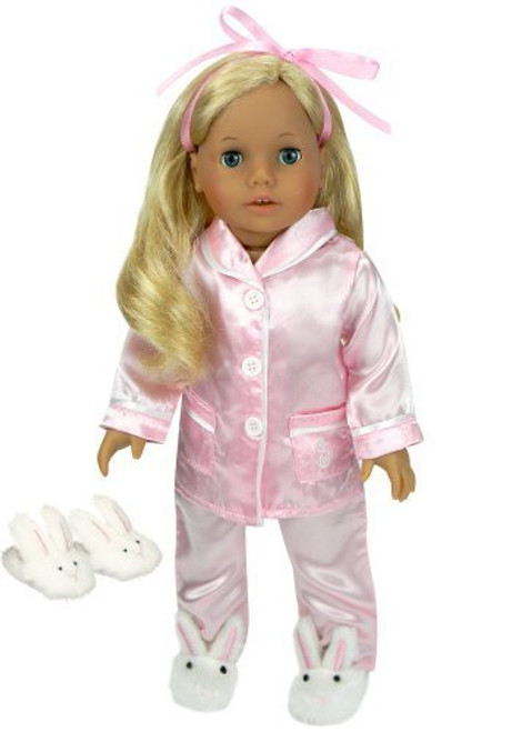 Doll Clothing for 18 Inch Dolls, 3 Pc. PJ's Set Fits American Girl Dolls, 2 Pc. Pink Satin Doll Pajamas & Doll Slippers