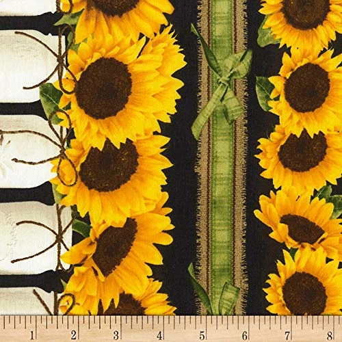 Timeless Treasures Farm Sunflower Border Stripe_ Yard_ Black