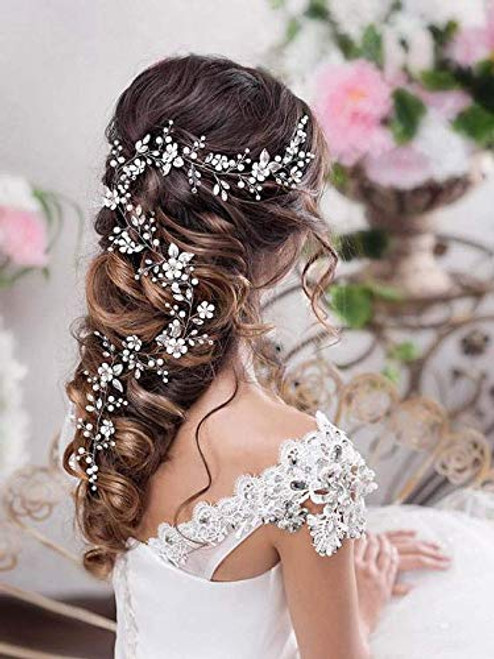 Catery Flower Bride Wedding Headband Silver Crystal Pearl Hair Vine Braid Headpiece Bridal Hair Accessories for Women 40CM_ Silver Catery Flower Bride Wedding Headband Silver Crystal Pearl Hair Vine Braid Headpiece Bridal Hair Accessories for Women 40CM_ Silver