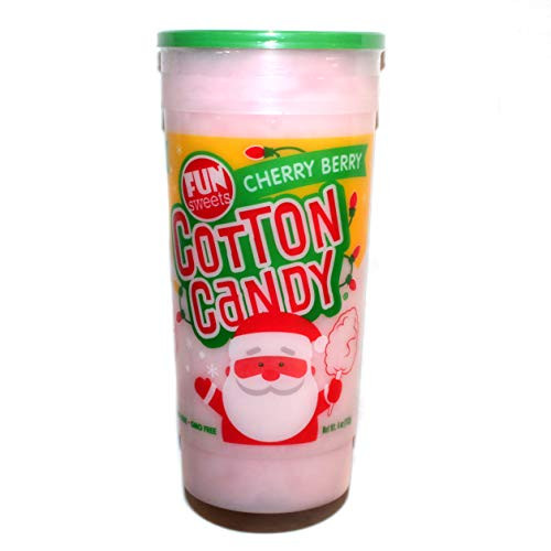 Fun Sweets  1  Tub Cotton Candy _ Cherry Berry Flavor _ Holiday Edition with Santa and Christmas Lights Design _ Net Wt_ 4 ounce