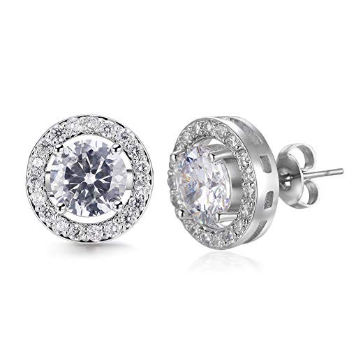 Zirconia Halo Stud Earrings for Women _ White Gold Plated Copper Stud Round Cubic Zirconia CZ Stud Halo Earrings for Christmas Day_Valentines Day_Ann