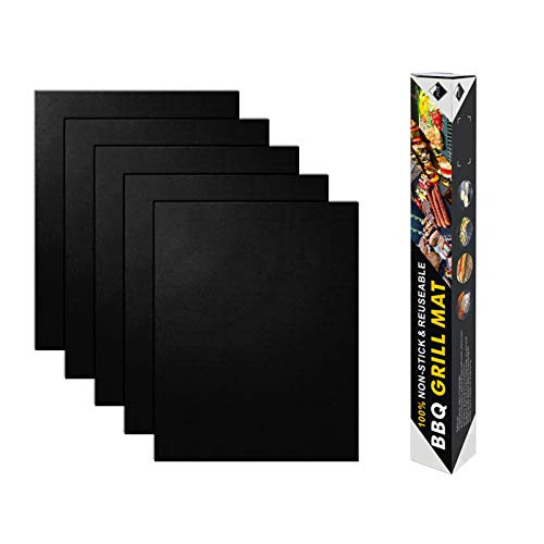 MISIMPO Grill Mat Set of 5_ BBQ Grilling Mat Baking Mat Cooking Mat for Electric Grill Gas Charcoal BBQ_ Reusable and Easy Clean_ 15_75x13 Inch Black