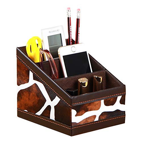 Laikesj Leather Remote Control Holder with 3 Grid Desktop Storage Office Controller_ for Media_ Mail_ Calculator_ Mobile Phone and Pen Storage Remote