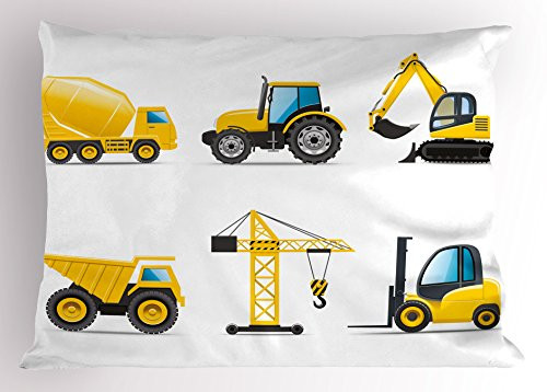 Lunarable Boy's Room Pillow Sham, Cartoon Style Heavy Machinery Truck Crane Digger Mixer Tractor Construction, Decorative Standard Size Printed Pillowcase, 26 X 20 Inches, Yellow Grey