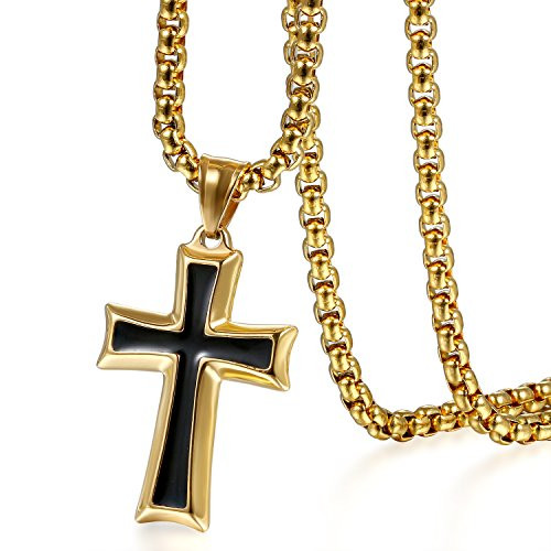 Cupimatch Stainless Steel Crucifix Cross Pendant Necklace_ Black Gold Prayer Cross Necklace Chain for Men Women_22 inch Cupimatch Stainless Steel Crucifix Cross Pendant Necklace_ Black Gold Prayer Cross Necklace Chain for Men Women_22 inch