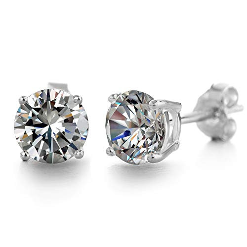 MIA SARINE Rhodium Plated Sterling Silver Cubic Zirconia 6mm Round Stud Earrings for Women 4 Prong Basket Settings   6 mm