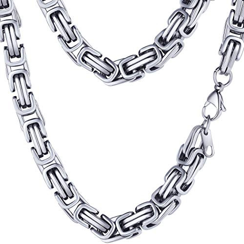 8MM Stainless Steel Choker Necklace for Men Jewelry Vintage Byzantine Chain Link Silver Tone_18 Inches