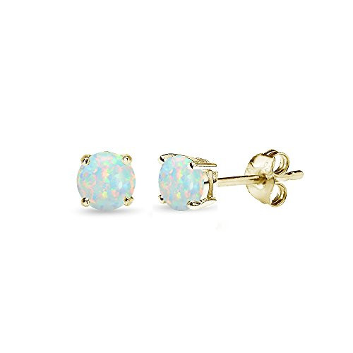 Yellow Gold Flashed Sterling Silver Synthetic White Opal 4mm Round_Cut Solitaire Stud Earrings