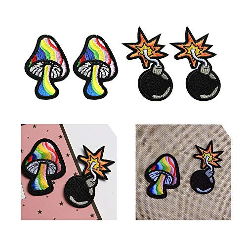 Acxico 4Pcs Mushroom and Bomb Patch Iron_On Sew_On Embroidered Applique Motif_ Punk Rock