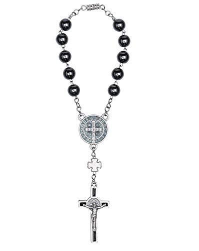 Intercession Hematite Car Rearview Mirror Rosary  St Benedict