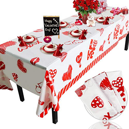 Valentines Day Plastic Tablecloth Decorations _ 3 Pack Disposable Thick Plastic Hearts Rectangular Tablecover  54 X 108 Inch  _ Valentines Day Party