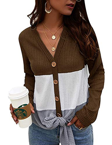 SENSERISE Womens Waffle Knit Tie Knot Shirts Long Sleeve V Neck Loose Color Block Tops Blouse Brown_S