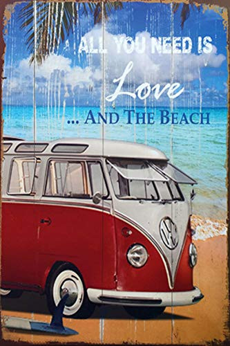 Auggies Set Tin Sign Liquor Bar Super Vintage Car All You Need is Love and The Beach Metal Retro Signs Plaques Garage Wall Decal Vintage Look 12x8