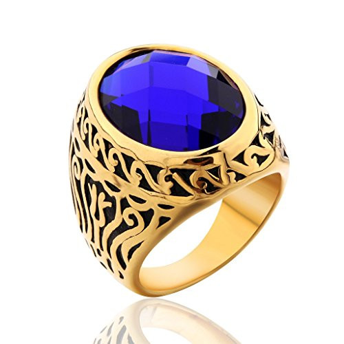 MASOP Jewellery Vintage Mens Stainless Steel CZ Ring Gold Biker Celtic Band Round Blue Stone Size 11