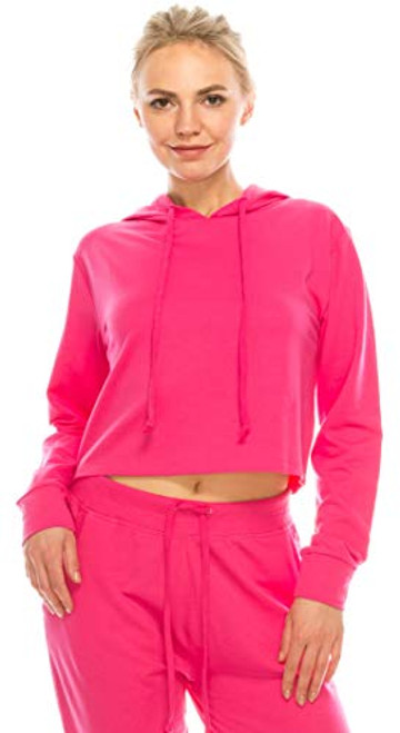 Womens Casual Crop Hoodie Sweatshirt _ Long Sleeve Cute Cropped Plain Workout Drawstring Hooded Pullover Top FT4805 Fuchsia L