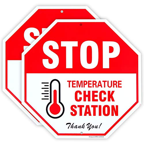 2_Pack Stop Temperature Check Station Sign_ Social Distancing Sign _ 12 inch x 12 inch  _ _040 Aluminum Sign Rust Free Aluminum_UV Protected and Weatherproof