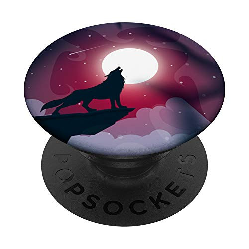 Wolf Howling on Rock with Moon and Purple Night Effect PopSockets Grip and Stand for Phones and Tablets