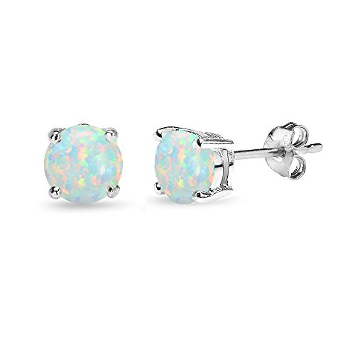 Sterling Silver Synthetic White Opal 6mm Round_Cut Solitaire Stud Earrings