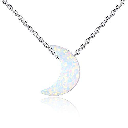 Kaletine White Synthetic Opal Crescent Moon Pendant Necklace Sterling Silver Cable Chain Adjustable 16_17_18 Inch