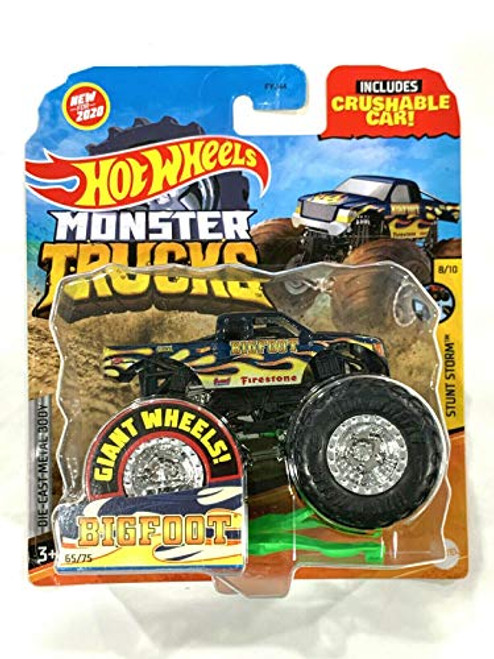 DieCast Hotwheels Monster Trucks 164 Scale with Crushable car Stunt Storm 810 Bigfoot 6575 Navy BlueYellow Flames DieCast Hotwheels Monster Trucks 164 Scale with Crushable car Stunt Storm 810 Bigfoot 6575 Navy BlueYellow Flames