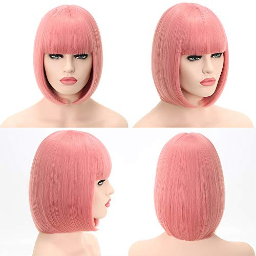 Colorful Cosplay Party Daily Synthetic Short Bob Wig With Bangs Straight Black Blonde Pink Hair Wigs Heat Resistant Hair Wigs for Black Women  pink