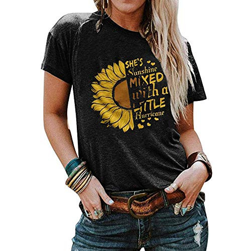 Qianxitang Womens Sunflower Graphic Letter Print Tops Short Sleeve Round Neck Summer Casual T Shirt Blouses Tees Black