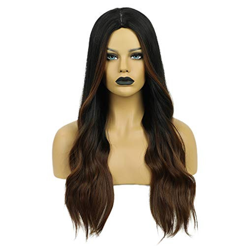 HAIRCUBE Long Hair Wigs for Women Ombre Color Black to Reddish Brown Synthetic Curly Hair Wig Middle Parting