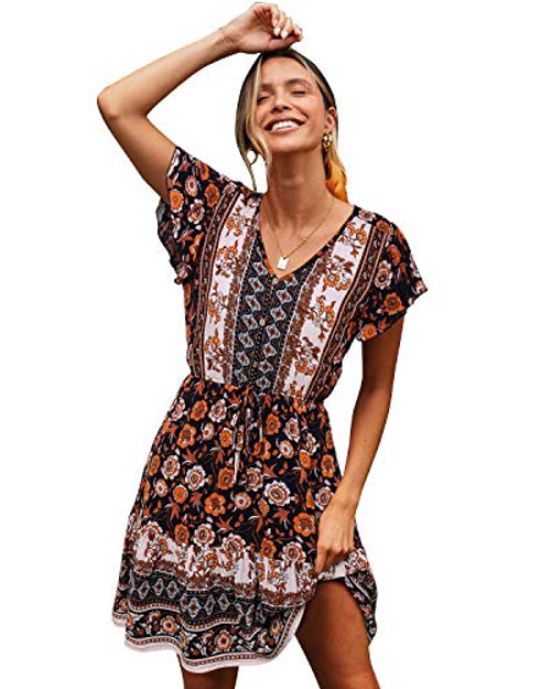 SOLERSUN Beach Dresses for Women Short_ Womens Summer Casual V Neck Short Ruffle Sleeve Vintage Floral Print Flwoy Swing Above Knee A Line Mini Party SOLERSUN Beach Dresses for Women Short_ Womens Summer Casual V Neck Short Ruffle Sleeve Vintage Floral Print Flwoy Swing Above Knee A Line Mini Party