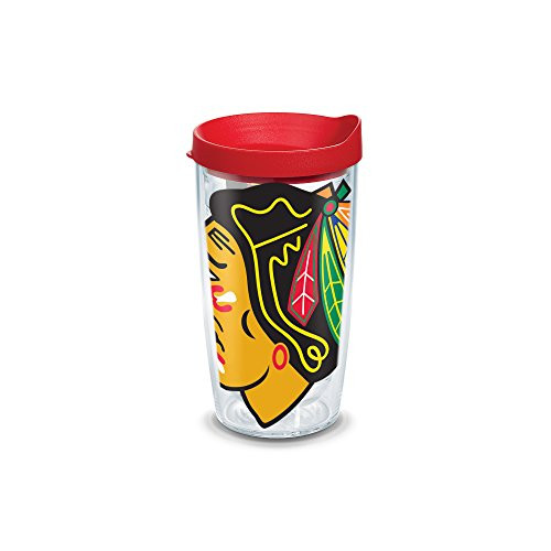 Tervis 1098755 NHL Chicago Blackhawks Colossal Tumbler with Wrap and Red Lid 16oz, Clear